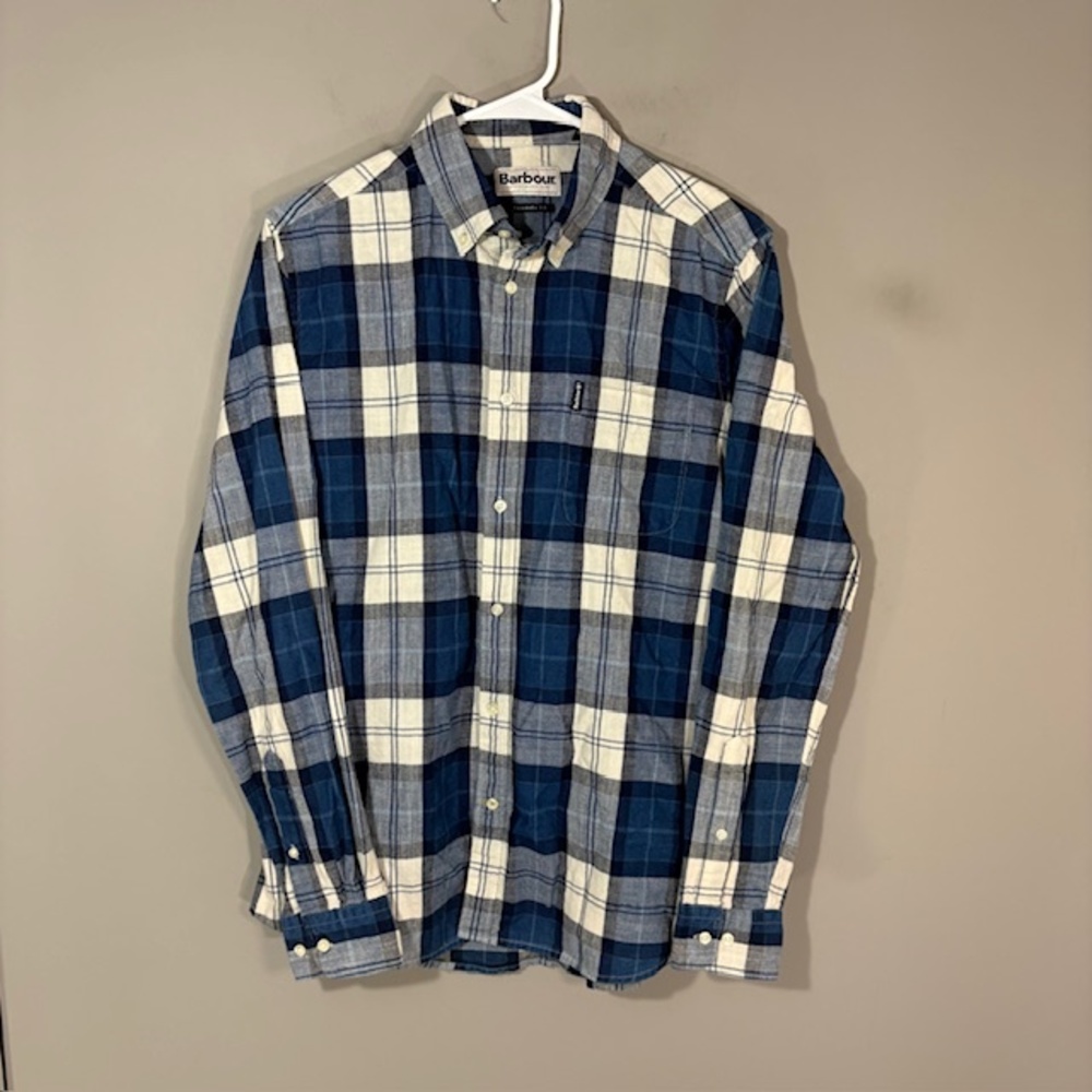 Barbour Shirt Mens Small Blue Plaid Long Sleeve Button Up Tailored Fit Casual